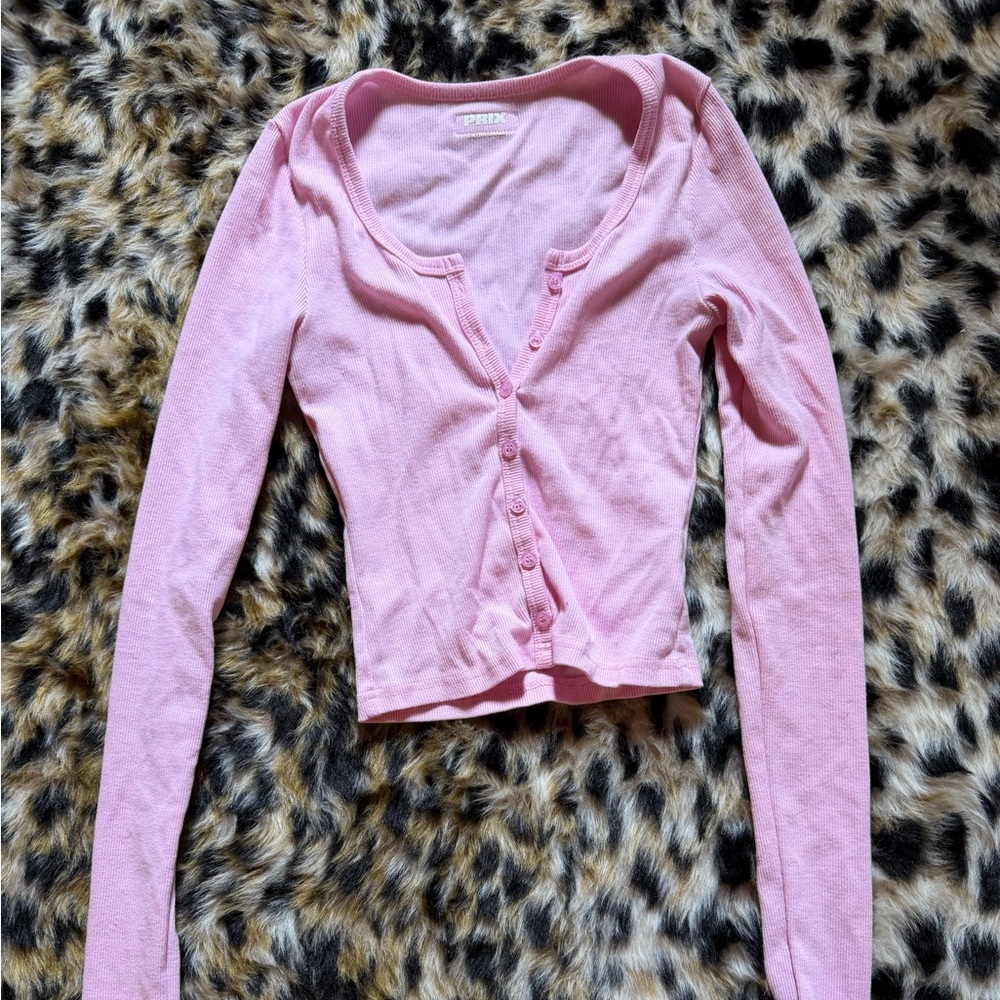 Cropped Pink Button-Down Long Sleeve Top